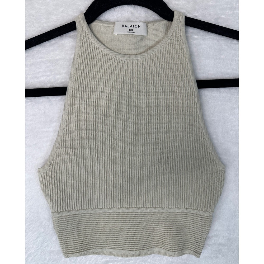 Babaton Knit Tank Top Womens 2XS Beige Ribbed High Neck Cropped 1273